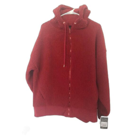 Red Sherpa Jacket with Hoodie Size Large Full Zip Pockets NWT Unisex - Picture 1 of 7